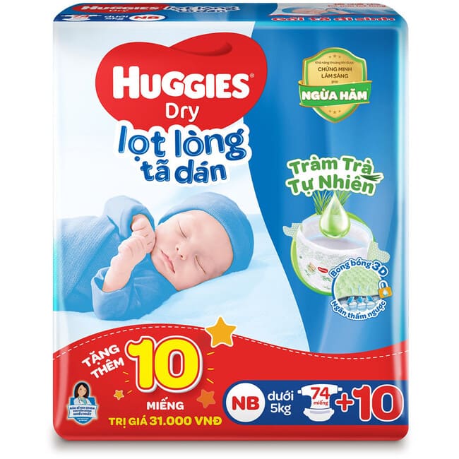 Tã dán lọt lòng Huggies newborn Dry Tràm trà tự nhiên